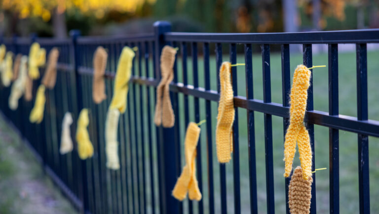 Yellow ribbons on fence.
